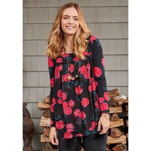 Matilda Jane Women's Floral Babydoll Winter Blooms Top Black Red/Pink Roses Sz M